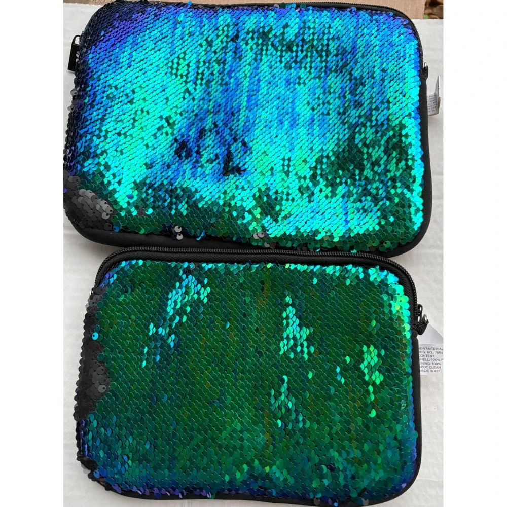 Set of 2 Reversible Flip Sequin Pouches Mermaid Teal Silver Crossbody Cases